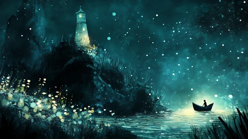 Nocturnal lake boat under lighthouse with bioluminescent glow