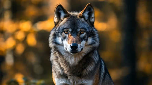 Gray wolf portrait in warm forest light at autumn dusk.
