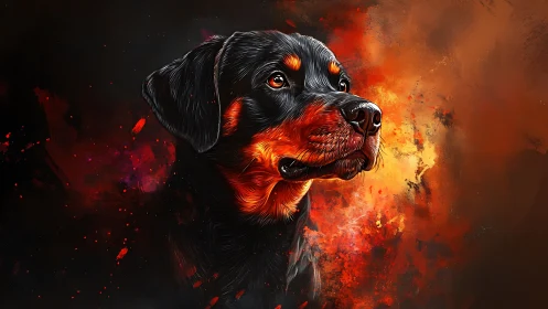 Rottweiler portrait rendered in fiery abstract digital painting