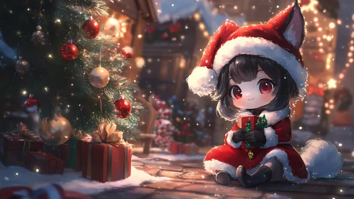 Chibi child in red Santa outfit near decorated tree at night.