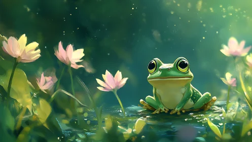 Green frog on mossy log amid soft pink forest flowers.