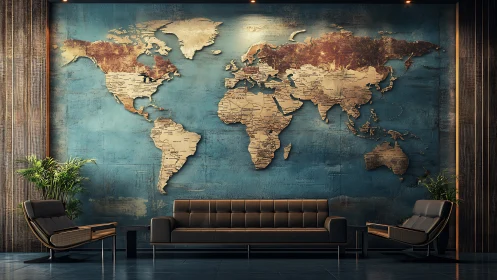 Copper continents and teal dreams in a wanderer’s lounge.