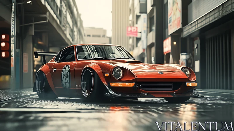 Modified orange classic sports car on wet city street.