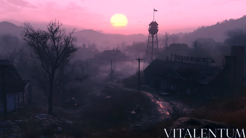 Post-apocalyptic village at misty pink industrial sunset.