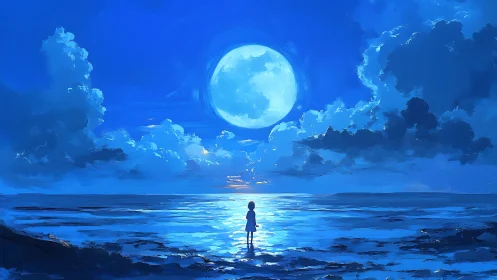 Moon-bathed shoreline crowns a lone dreamer with silver light
