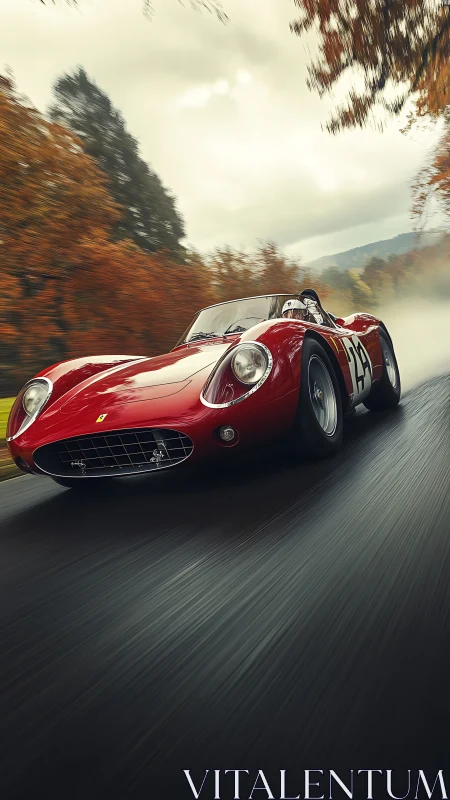 Vintage red race roadster cornering through misty autumn forest