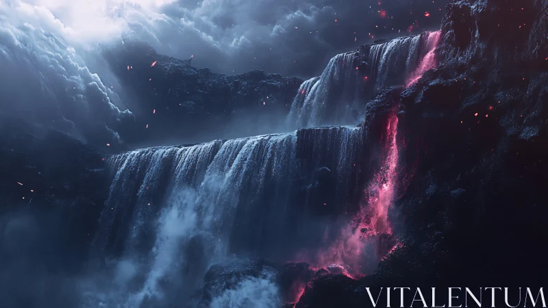 Molten Waterfalls Meet Frozen Cliffs in Fiery Cosmos.