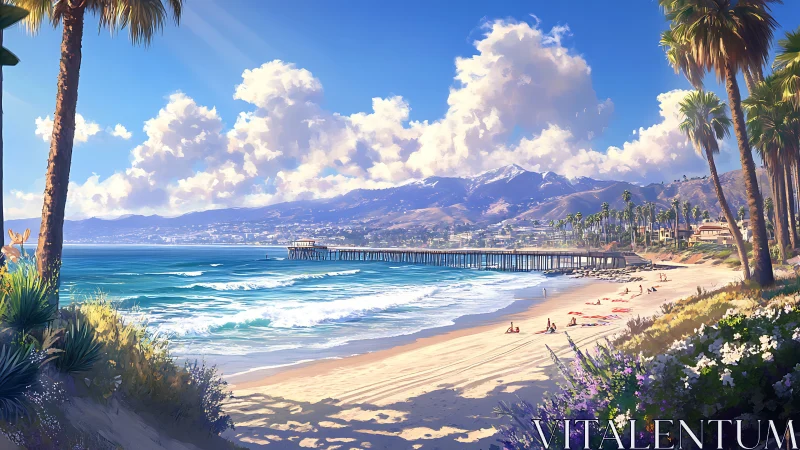 Sunlit Pacific shoreline with pier, palm trees, and coastal mountains
