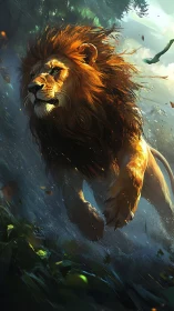 Golden-maned lion racing through a stormlit jungle path.