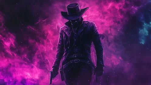 Neon-lit gunslinger silhouette in vivid cosmic mist.