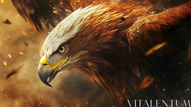 Majestic Eagle in Flight with Golden Feathers, Dramatic Digital Art.