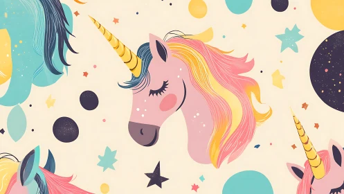 Dreamy unicorns float through sherbet-colored cosmic confetti