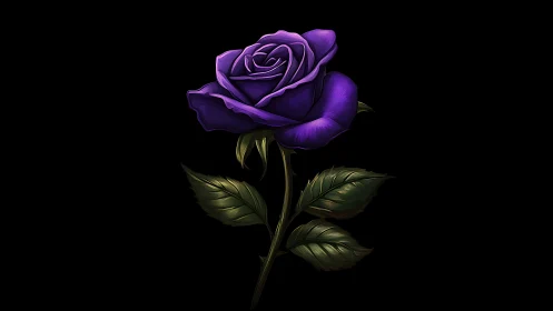 Purple rose stands isolated on a solid black background