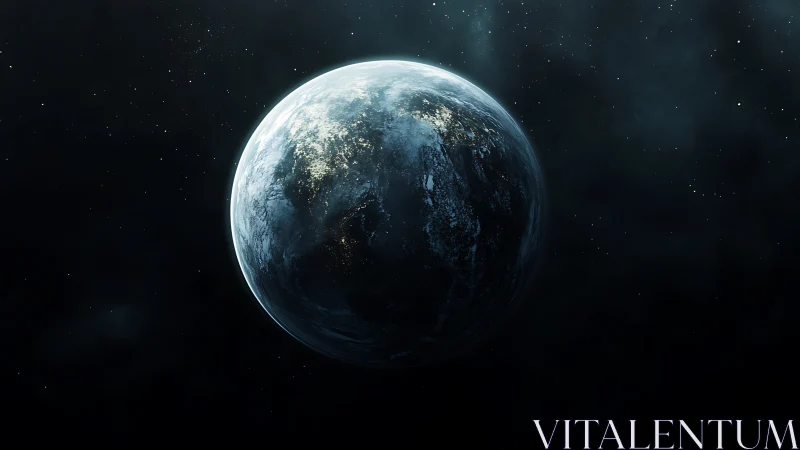 Blue planet glows softly in the quiet calm of deep space