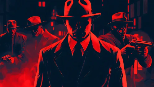 Noir gangsters emerge from red-lit city shadows at night.