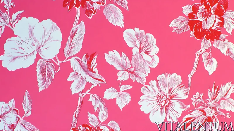 Linear floral illustration contrasts white peonies on neon pink