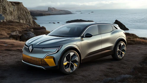 Photorealistic electric SUV render in coastal landscape lighting.