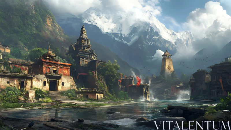 Digital painting of Himalayan riverside temple citadel at dawn.
