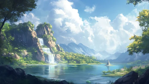 Digital landscape depicts lake, waterfalls, mountains, distant tower