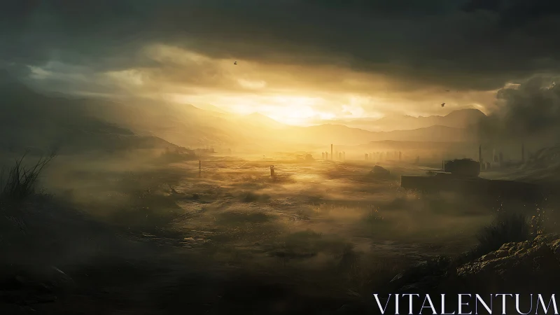 Sunlit mist covers a flat industrial plain beneath dense clouds