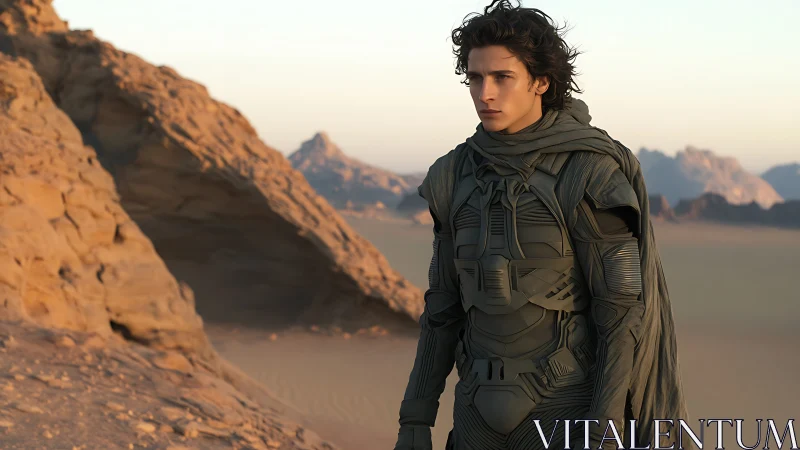 Desert warrior in tactical exosuit under warm dusk light.