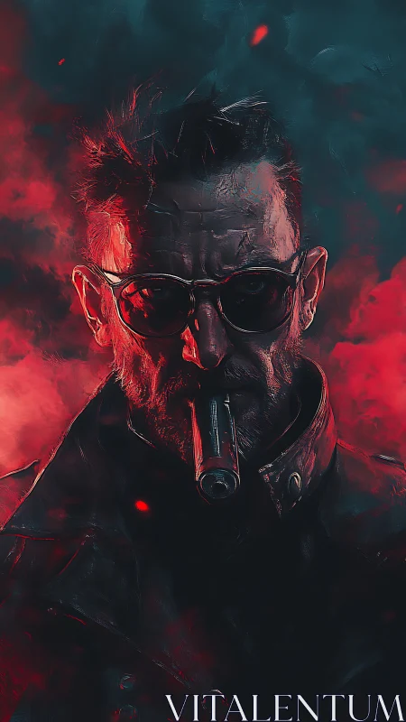 Bicolored cyber-noir portrait with weaponized cigar silhouette.