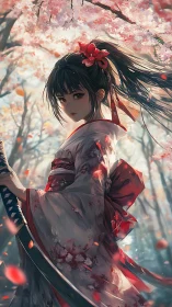 Samurai girl in kimono under soft cherry blossoms.