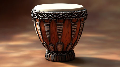 Weathered wooden djembe drum rendered in soft studio light.