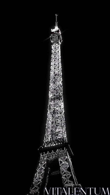 High-contrast nocturnal lattice tower in luminous silhouette.