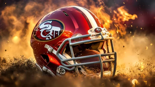 High-gloss red football helmet with dynamic fire and debris field