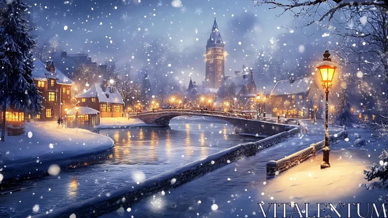 Snowy riverside town glows under warm winter lamplight.