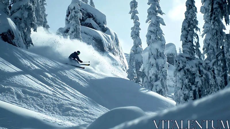 Skier carving through deep powder on steep forest slope.