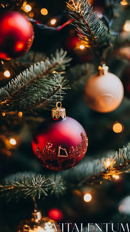 Crimson ornament dreams amid twinkling evergreen starlight.