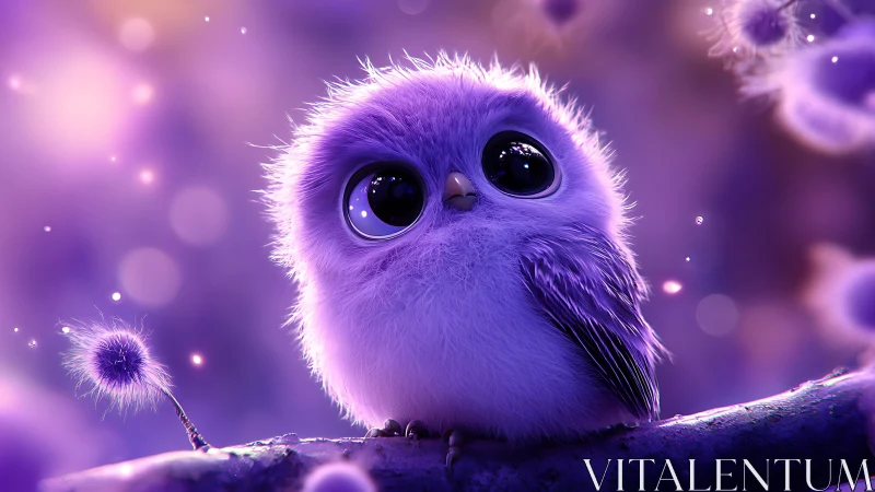 Adorable Fluffy Purple Owl on Branch in Dreamy Fantasy Style.