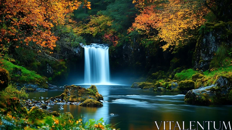 Long-exposure autumn waterfall framed by saturated foliage
