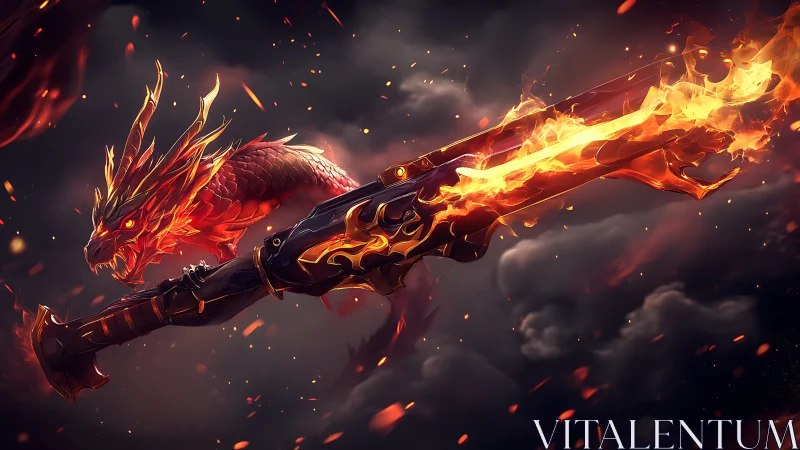 Blazing dragon blade soaring through stormy emberscape.