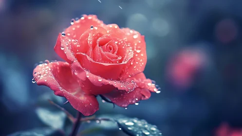 Red Rose With Raindrops Against Blurred Blue Background.