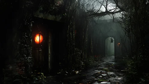 Rain-soaked haunted alley with glowing red lanterns.