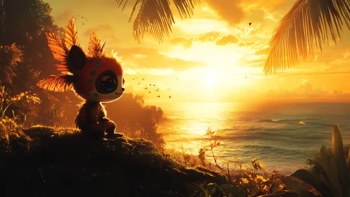 Sunset shore with a bright-eyed tropical fantasy friend.