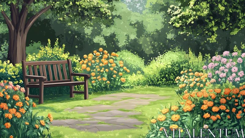 Quiet garden bench tucked among sunlit blossoms and trees.