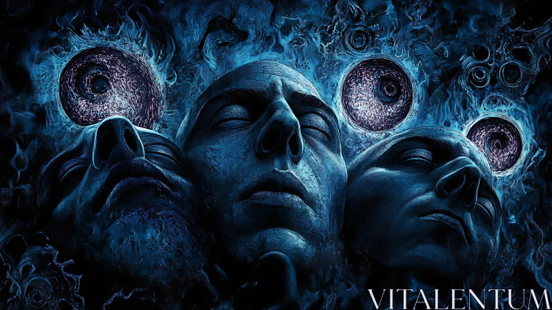 Three dreaming faces drift through a swirling cosmic night