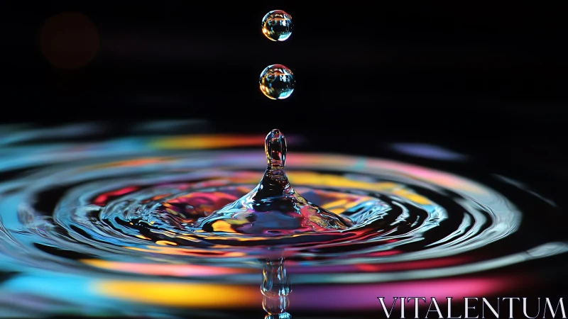 Water droplet crown captures neon reflections in dark pool