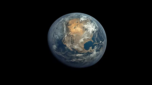 Luminous Earth drifts in velvet space with sunlit continents.