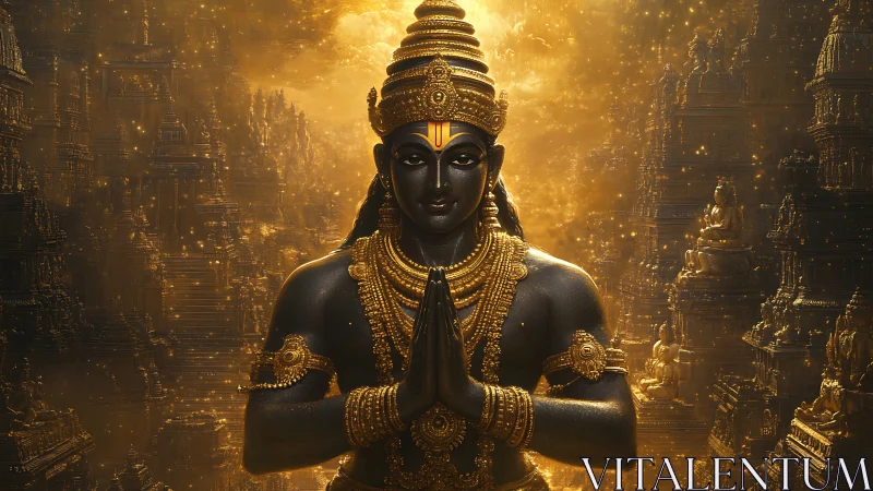 Radiant golden deity offers calm blessing in celestial light