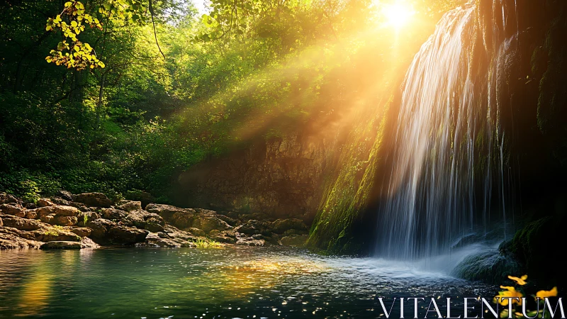 Sunlit forest waterfall flows into a calm reflective pool