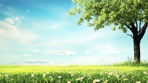 Single tree anchors wide meadow under high-key daylight sky