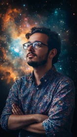 Astrophysical portrait of reflective man against nebular starfield.