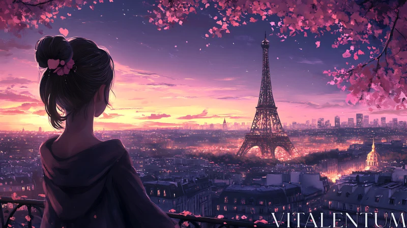 Girl watching Paris sunset skyline under cherry blossoms.