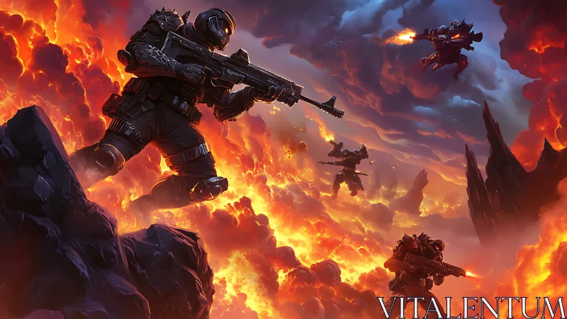 Armored skyfire squad crossing a storm of molten clouds.