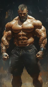 Muscular male figure in dark setting, stylized painting study.